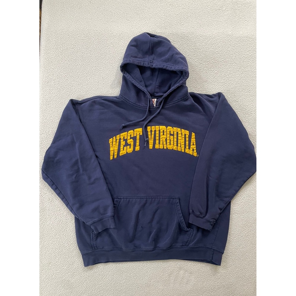 Red Oak Mens Large Hoodie Navy West Virginia Mountaineers Tackle Twill Holes